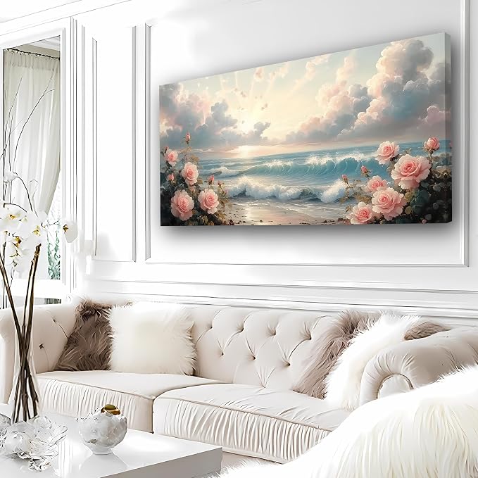 Haichuang Decor Art 40x20 Inch Pink Rose Ocean Canvas Wall Art, Sunset Beach Flower Seascape Print, Framed Ready to Hang for Living Room Bedroom Bathroom, Coastal Floral Wall Decor