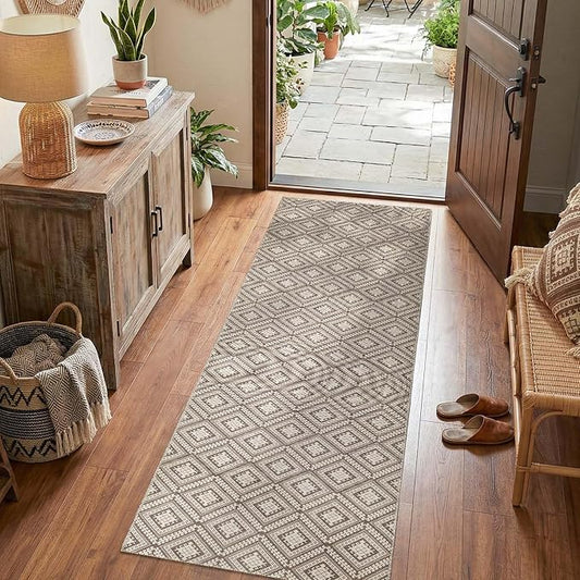 jinchan 2x6 Faux Jute Runner Rug Washable Hallway Rug, Stone Taupe | Vintage Geometric, Non-Slip, Low Pile, Indoor Outdoor, High-Traffic, Kitchen, Bathroom, Laundry, Porch, Balcony, Entryway