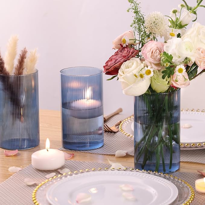 Glass Cylinder Vase 6 Inch Tall- Blue Ribbed Decor for Wedding Centerpieces | Decorative Flower Vase, Hurricane Floating Candle Holder, Christmas Decor, Reception Table, Home Accent, Housewarming Gift