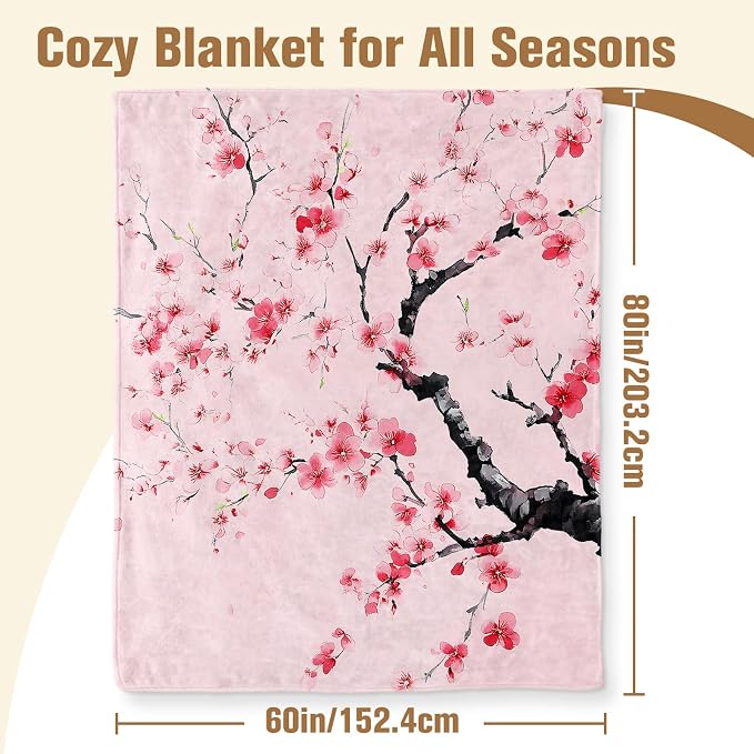 Aimego Cherry Blossom Blanket Gifts for Girls Women Floral Sakura Flowers Pink Blankets for Kids Japanese Cherry Blossom Throw Blankets for Sofa Living Room Bedroom(60X80 Inch)