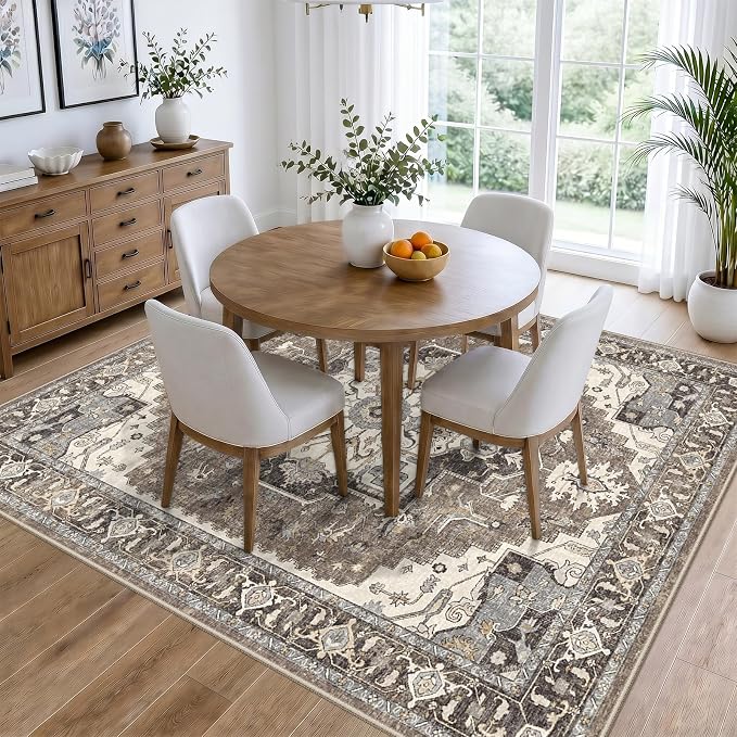 Washable Living Room Area Rug 5x6: Indoor Entryway Kitchen Rugs with Non-Slip Rubber Backing Large Vintage Stain Resistant Bedroom Carpet Non-Shedding Soft Thin Floor Mat for Dining Room(Beige,5x6)