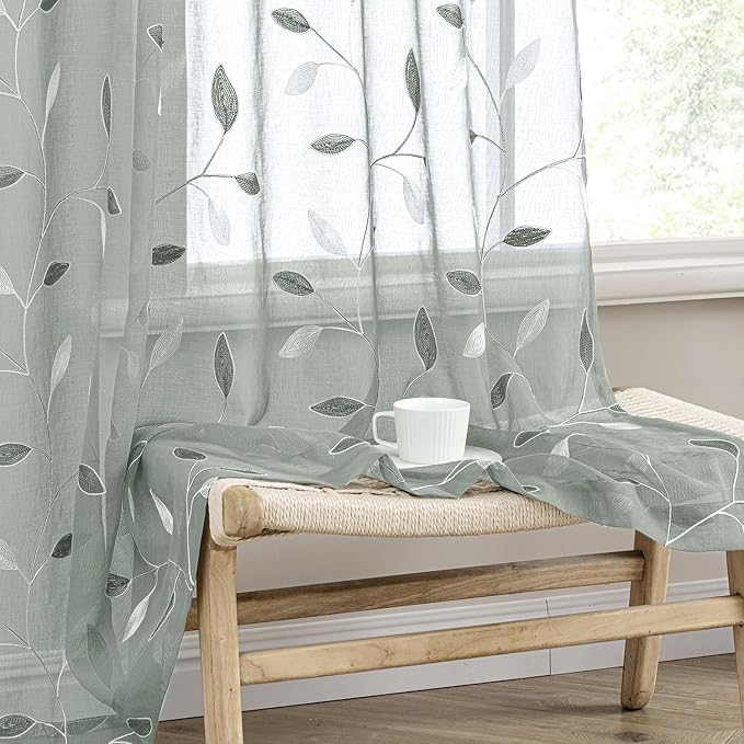 MIULEE Sage Sheer Curtains 2 Panels Embroidered Leaf Patterned, W52 x L96 | Embroidered Floral Semi Sheer,Rod Pocket,Faux Linen,Short Window Curtains Drapes Set for Kitchen/Bathroom/Cafe