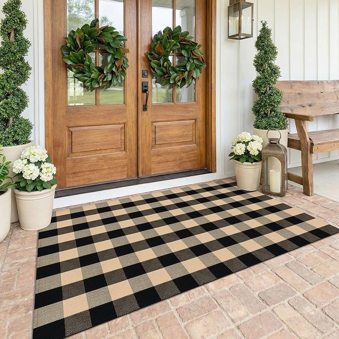 KOZYFLY Buffalo Plaid Area Rug 4 x 6 Ft Brown and Black Checkered Rug | Washable Outdoor Rugs, Cotton Front Porch Rug, Woven Front Door Rug, Indoor Carpet for Living Room Dining Room Kitchen Patio