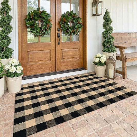 KOZYFLY Buffalo Plaid Area Rug 4 x 6 Ft Brown and Black Checkered Rug | Washable Outdoor Rugs, Cotton Front Porch Rug, Woven Front Door Rug, Indoor Carpet for Living Room Dining Room Kitchen Patio