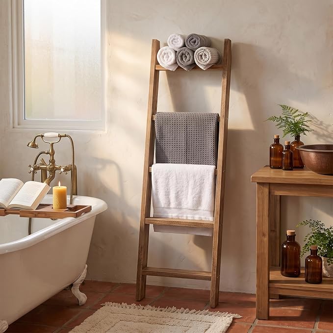MyGift 4ft Tall Rustic Burnt Natural Wood Wall Leaning Blanket Ladder Shelf with 5 Rungs, Decorative Living Room Throw and Quilt Holder, Farmhouse Bedroom Decor | Five Tier Design, Space Saving Display, Living Room Cozy Home Accent, Decorative Organiza...