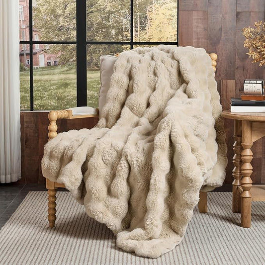 Lotus Karen Faux Fur Throw Blanket Linen - 800 GSM Bubble Rabbit Fluff Blanket for Couch Bed Sofa,Softest Fluffy Fuzzy Cozy Blanket,Thick Furry Plush Shaggy Warm Blankets for Women,90x90 Inches