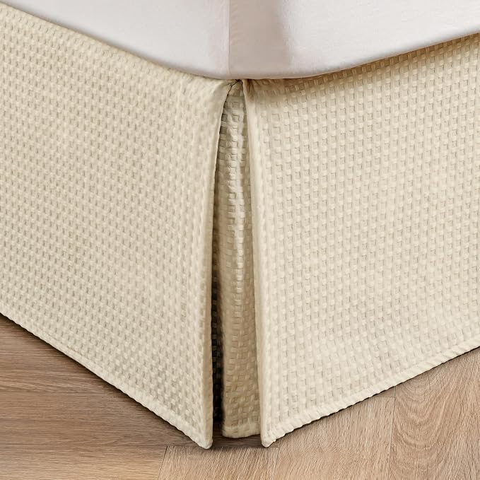 MIYE Pleated Waffle Weave Bed Skirt, Tailored Dust Ruffle 14 Inch Drop Easy Fit, Machine Washable,No Split Corners(Light Beige, Full - 14" Drop)