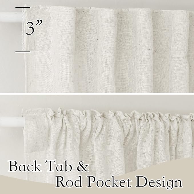 RYB HOME Linen Semi Sheer Kitchen Curtains Over Sink 36 inches Length | Light Filtering, Half Privacy, Breathable Airy, Short Tiers for Cafe Bathroom RV Camper, W52 x L36, Linen, 2 Panels