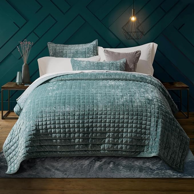 RECYCO Channel Box Stitch Velvet Quilt Set, King Size, Aqua Green | Ultra Soft Lightweight Velvet Comforter, Luxury Oversized Bedspread Coverlet, Quilted Bedding Set for All Season with 2 Shams