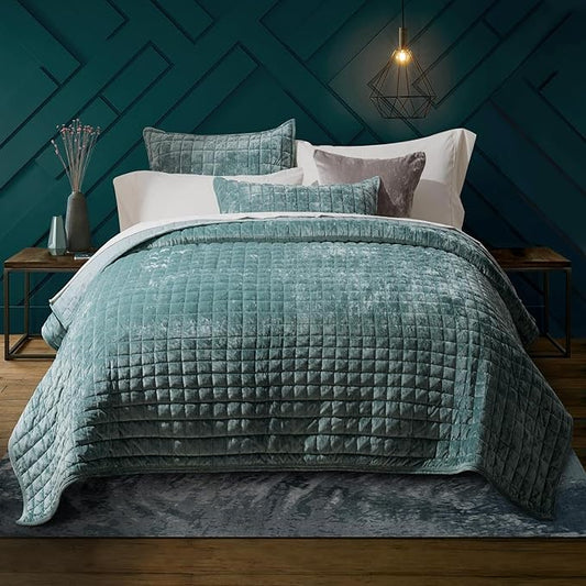 RECYCO Channel Box Stitch Velvet Quilt Set, Full Queen Size, Aqua Green | Ultra Soft Lightweight Velvet Comforter, Luxury Oversized Bedspread Coverlet, Quilted Bedding Set for All Season with 2 Shams