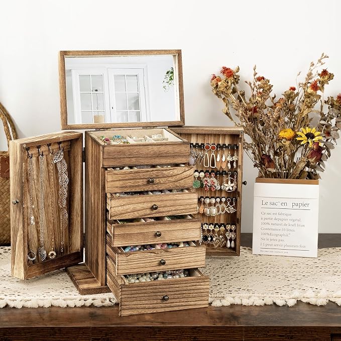 Emfogo Wooden Jewelry Box for Women, 6-Tier Large Jewelry Organizer Boxes with Mirror Rustic Solid Wood jewlery Storage Display for Rings Earrings Necklaces Bracelets watches(Carbonized Brown)