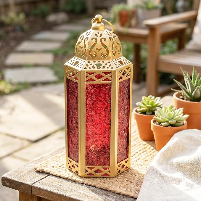 Vela Lanterns Decorative Indoor Moroccan Candle Holder, Gold Red, M | Ramadan Decorations for Home, Red Candle Lantern, Eid Table Centerpiece, Hanging Tealight Votive Pillar Holder, 10.5in