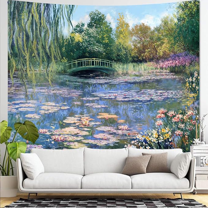 Accnicc Monet Water Lilies Tapestry Green Floral Plant Tapestries Aesthetic Monet Wall Art Posters Nature Flower Garden Landscape Tapestrys for Bedroom Living Room Dorm 80 x 60 Inch