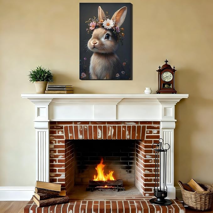 Easter Bunny with Flower Wreath Canvas Wall Art, Spring Animal Poster Prints for Nursery Wall Decor, Easter Rabbit Pictures for Living Room Bedroom Kid's Room Holiday Decoration