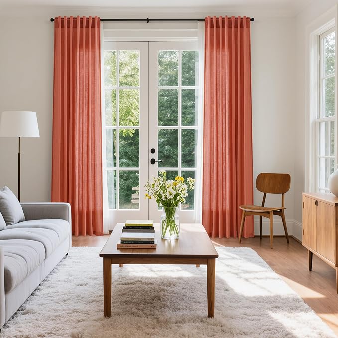 Coral Linen Curtains 108 Inches Long 2 Panels Set Back Tab Loop Pocket Light Filtering Semi Sheer Boho Large Window Decor Extra Long Drapes for High Ceiling Living Room 52x108