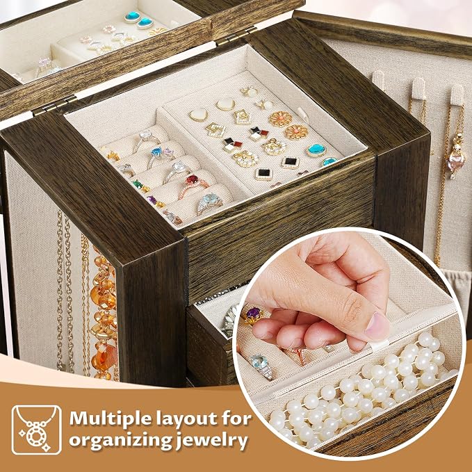 Emfogo Jewelry Box for Women, 5 Layer Large Wood Jewelry Boxes & Organizers for Necklaces Earrings Rings Bracelets, Rustic Jewelry Organizer Box with Rattan, Drawers and Mirror(Vintage)