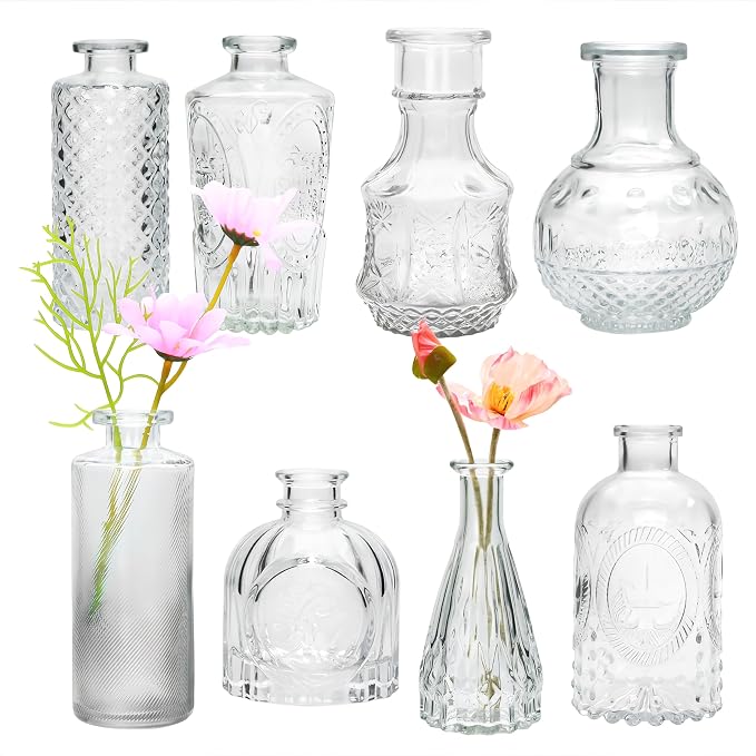 Clear Flower Vase Set, Glass Bud Vase in Bulk Set of 8 | Artistic and Cultural Flavor Mini Vases for Home Office Decor, Bedroom, Office, Small Vases Living Room Decorations,Wedding