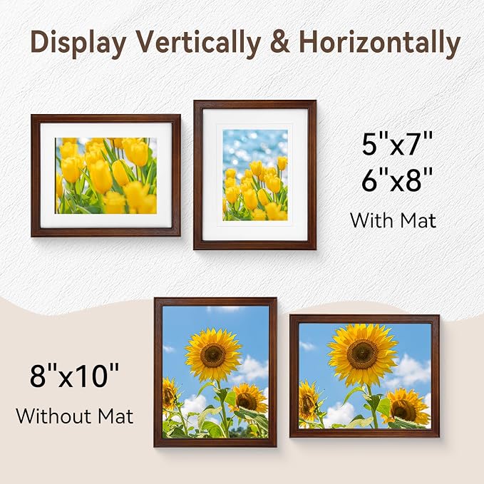 SNAPSHOT 8x10 Picture Frame, Natural Walnut Wood Photo Frame Set with Real HD Glass for Pictures 6x8/5x7 with Mat or 8x10 Without Mat, Gallery Poster Frame for Wall or Tabletop - 2Pcs