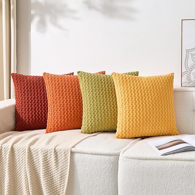 Kevin Textile Spring Throw Pillow Covers Pack of 4 Super Soft Boho Corduroy Decor Pillow Cases Mix and Match Colors Plush Texture Accent Pillows for Sofa Couch Living Room 20x20 Inch, Yellow/Green