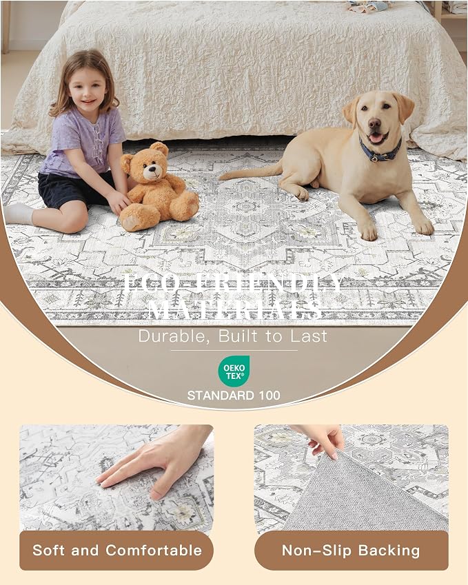 Madane Washable Runner Rug 2x6 Runners for Hallways Non Slip, Grey | Vintage Stain-Resistant 6 Feet Kitchen Rug, Soft Low-Pile Ultra-Thin Floor Carpet Mat for Bathroom Laundry Room Bedroom 2x6ft