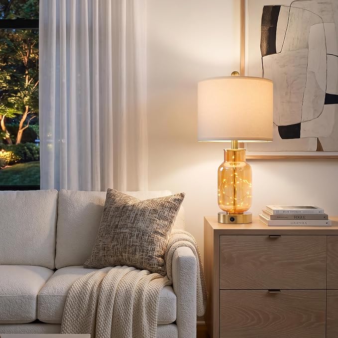 Oneach 22" Glass Table Lamps Set of 2 with Night Light for Bedroom, Amber