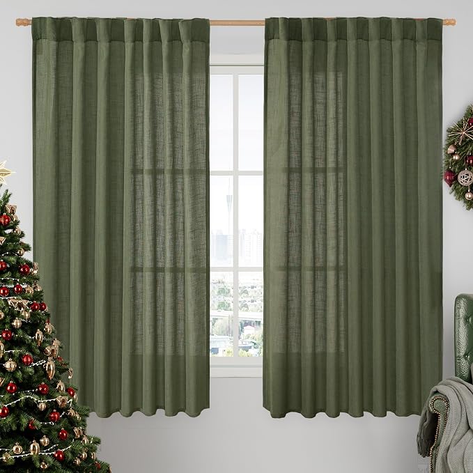 Light Filtering Linen Curtains 63 inches Long for Bedroom 2 Panels | Linen Textured, Semi Sheer, Privacy, Christmas Decor, Drapes for Living Room, Rod Pocket Back Tab, Olive Green, 60 x 63 Inch