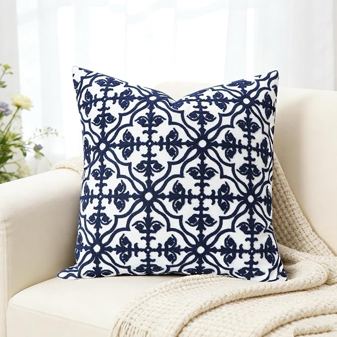 Slow Cow Throw Pillow Cover Navy Blue Embroidery Canvas Throw Pillow Cover for Couch Bed Sofa Navy Geometric Cushion Cover 18 x18 Inches