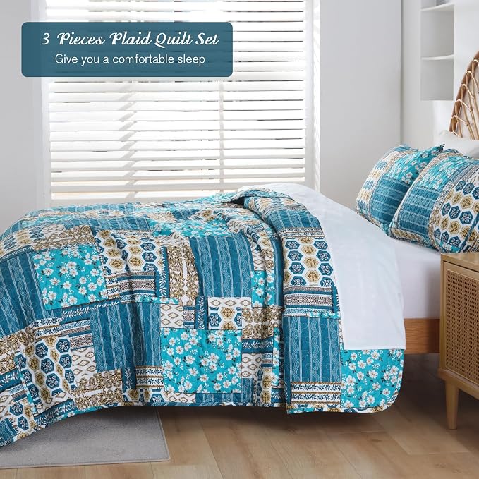 Mybedsoul Boho Quilts Queen Size, Floral Patchwork Bedding Set, Dusty Blue | Soft Lightweight Microfiber Coverlet Set, 3 Pieces Plaid Reversible Bedspread, Bed Sets for All Seasons 96"x90"