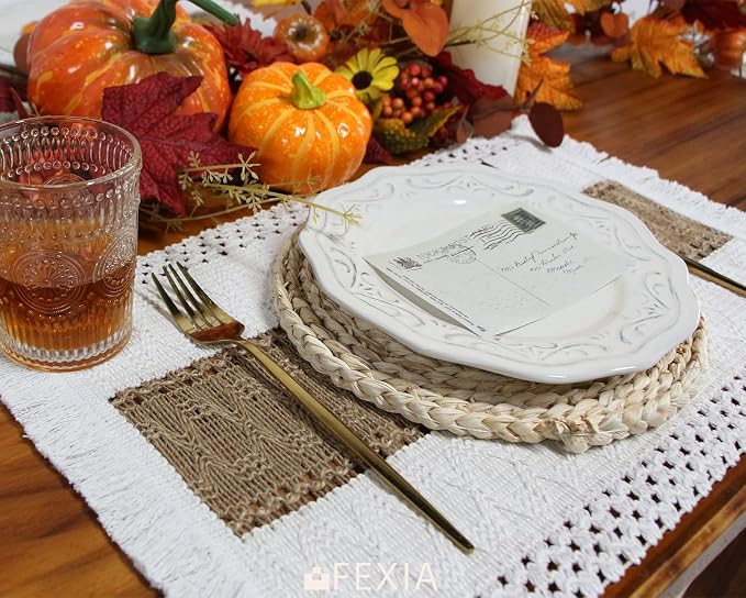 FEXIA Boho Placemats Set of 4, Macrame Table Mats Farmhouse Dining Decor | 12x20" Woven Burlap Place Mat with Tassel for Kitchen and Dining Table Centerpiece Home Decorations Rustic Boho Kitchen Decor