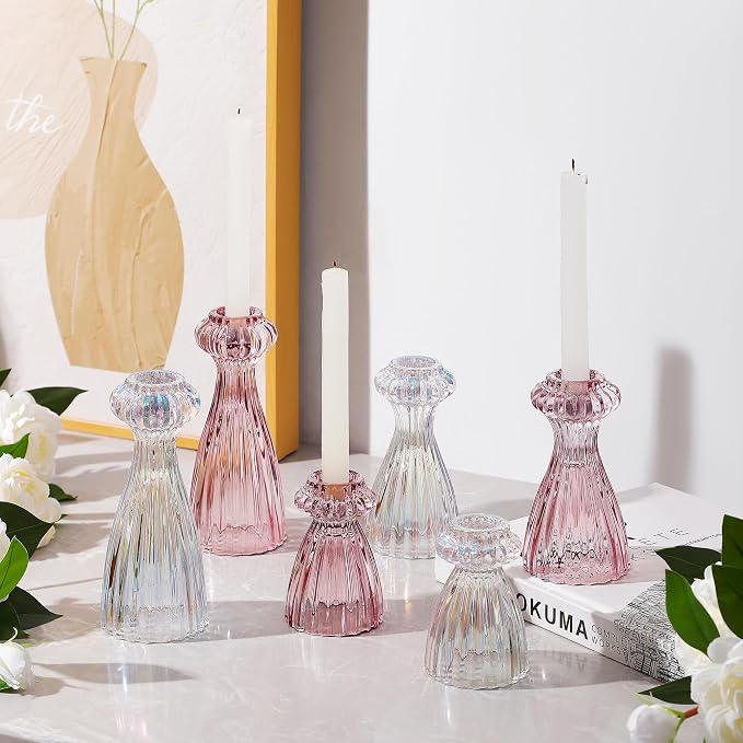 Lysenn Glass Candlestick Holders, Taper Candle Holders Set of 3, Pink
