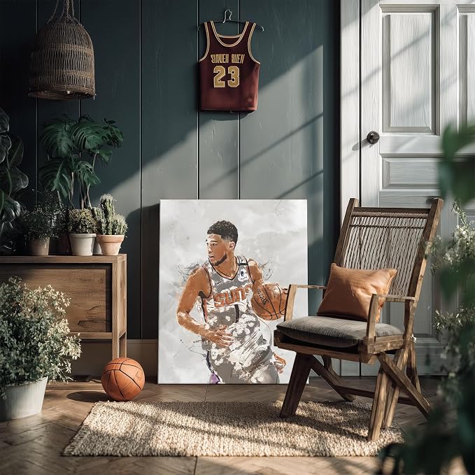 Devin Booker Basketball Canvas Wall Art, Sports Player Poster, 24x30 Inch | Abstract splash ink athletic artwork, motivational sports wall decor for teen boys room, bedroom, living room, gym or office