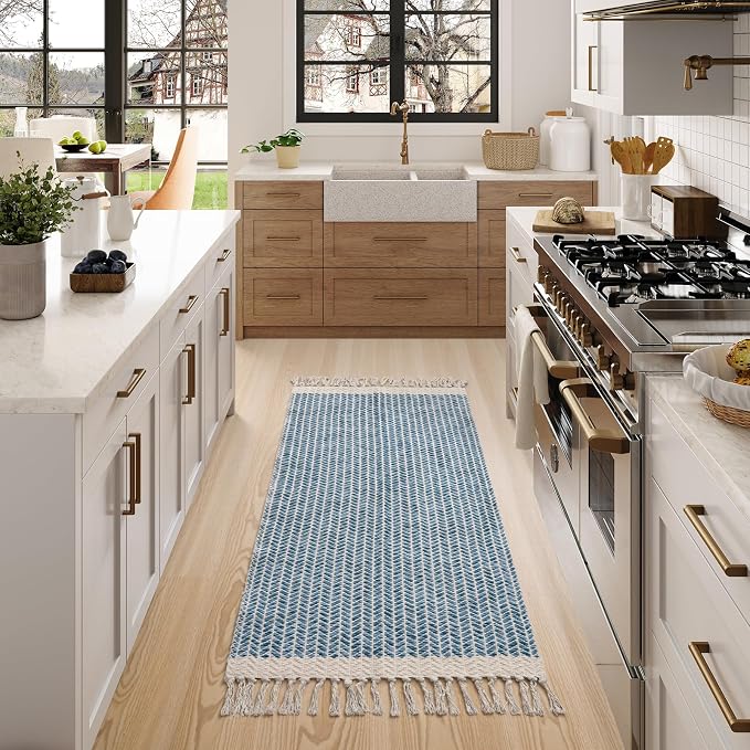 Lahome Boho Bathroom Runner Rug, 2x4.3 Washable Rugs for Kitchen Laundry | Woven Cotton Throw Door Mat with Tassels, Farmhouse Blue Non Shedding Lightweight Low Pile Carpet for Entryway Bedroom