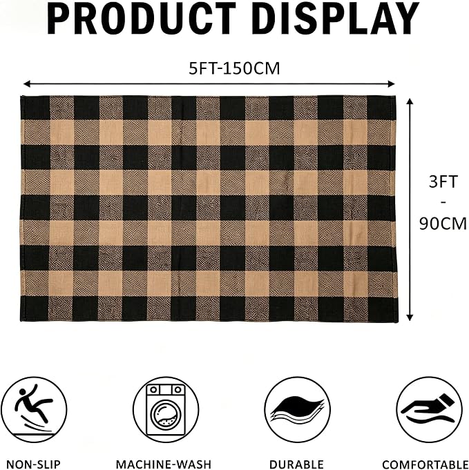 SEEKSEE Buffalo Plaid Outdoor Rug 3' x 5' Coffee and Black Front Door Mat, Layering Rug for Porch, Washable Doormat, Front Porch Rug for Outdoor Entrance Entryway Patio Porch Decor