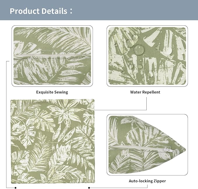 Outdoor Pillow Covers 16x16 Inch Set of 2 Waterproof Decorative Throw Pillow Covers Patio Pillow Cases for Patio Furniture Garden Couch Farmhouse,Tropical Leaf Green