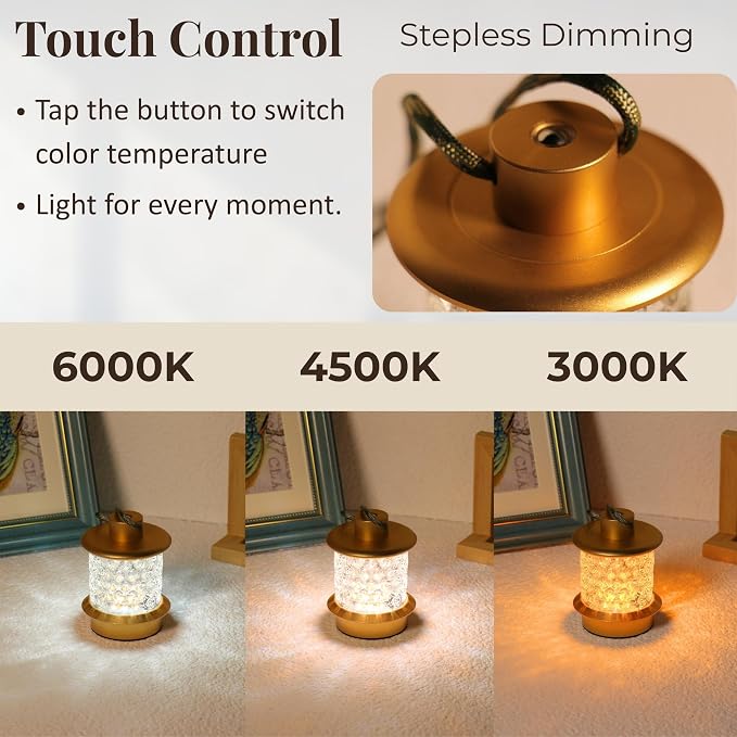 Cordless Small Table Lamp, Metal Glass, Lanyard, Rechargeable, Dimmable