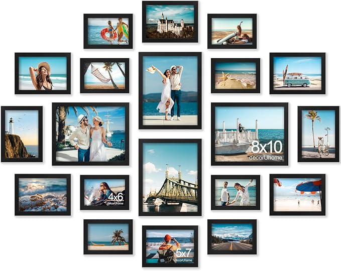 decorUhome 20 Pack Assorted Picture Frame Set for Wall & Tabletop, P0720BK | Black, Multi Size Picture Frame Includes Four 8x10 / Eight 5x7 / Eight 4x6 for Family Gallery Wall
