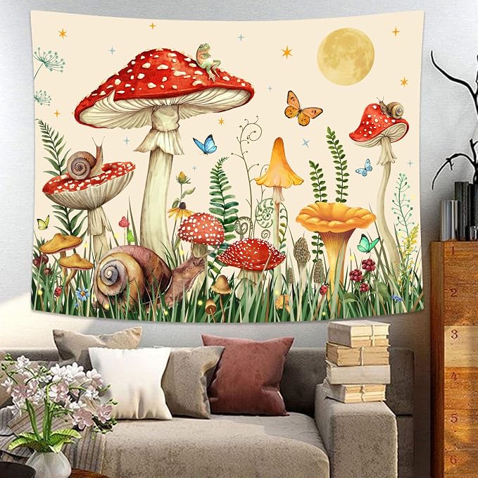 Zussun Red Mushroom Tapestry Moon Star Tapestries for Bedroom Aesthetic Beige Starry Night Green Plant Tapastrys Wall Hanging Butterfly Snail Frog Wall Tapestry for Living Room Dorm (Beige, 90" x 68")