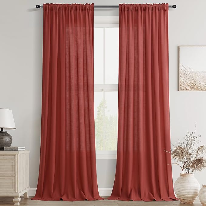 Red Linen Curtains 108 Inch Length for Living Room Bedroom 2 Panels Set Rod Pocket Light Filtering Semi Sheer Window Curtains 52 Inch Width Boho Farmhouse Linen Drapes, W52xL108