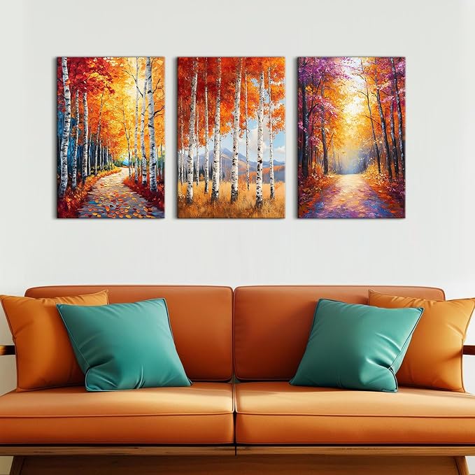 Mystery Forest Wall Art for Bathroom Decor Fall Forest Pictures Wall Decor Orange Yellow Woodland Painting Nature Wilderness Canvas Pictures Artwork for Bedroom Living Room Home Decoration 16x24" 3Pcs
