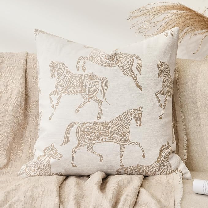 Equestrian Style Throw Pillow Cushion Cover 22x22 inch, Double Sided Beige Horse Pattern Chenille Jacquard Embroidered Pillow Covers for Sofa Couch Bed Living Room Bedroom