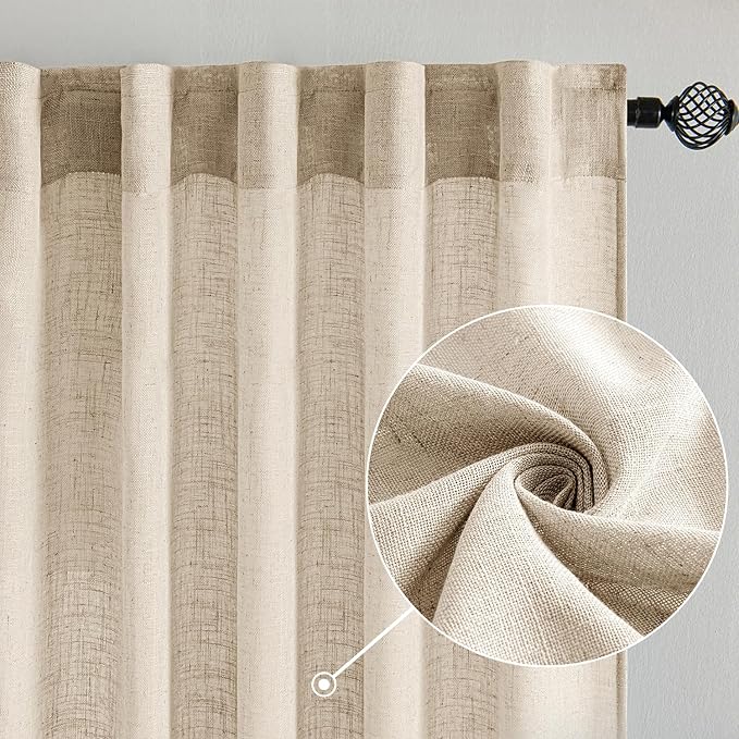 MIULEE Light Taupe Linen Curtains 52x90 Inch Long for Bedroom Living Room | 2 Panels, Soft Linen Textured Window Drapes, Semi Sheer Light Filtering, Back Tab Rod Pocket, Farmhouse Modern Burlap Look
