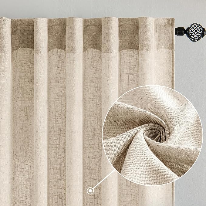 MIULEE Light Taupe Linen Curtains 52x108 Inches Long 2 Panels for Bedroom | Living Room, Soft Linen Textured Window Drapes, Semi Sheer, Light Filtering, Back Tab, Rod Pocket, Farmhouse Modern Burlap