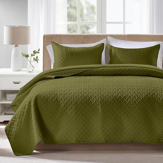 FLYMME Twin Quilt Set,Lightweight Olive Green Bedspreads,Basket Weave Pattern,Ultra Soft Microfiber Bedspread Bed Coverlet 2 Pieces for All-Seasons (1 Quilt,1 Shams)