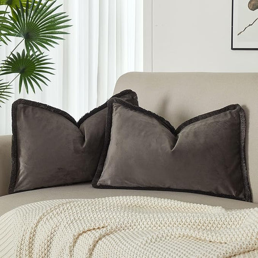 JUSPURBET Ash Velvet Throw Pillow Covers 12x20 Inch Set of 2 with Soft Tassel Fringe Luxury Boho Pillowcase for Sofa Couch Bed Home Decor Machine Washable