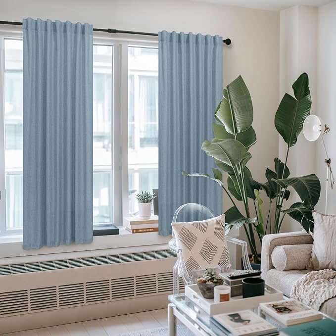 Blue Curtains 38 Inch Width for Kitchen Door 2 Panels Back Tab Rod Pocket Semi Sheer Linen Skinny Light Blue Small Curtain for Bedroom Laundry Bathroom Side Windows Country Farmhouse Wide 38x63 Length