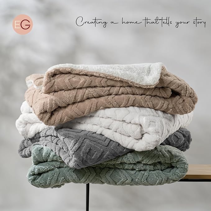 EverGrace Jacquard Reversible Sherpa Throw Blanket, 50" x 60", Off White | Jacquard Sherpa Throw Blanket, Super Soft, Cozy Plush Blanket, Reversible Thick Warm Throw for Bed, Sofa, Living Room