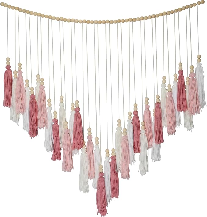 Pink&White Large Macrame Wall Haning Boho Decor,Blush Pink Tassel Wall Decor Bohemian, Pink Bedroom Living Room Girls Room Décor Nursery Dorm Decoration Boho Gift for Girls Woman Gifts