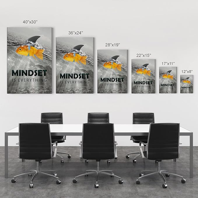 Smile Art Design Black and White Mindset is Everyting Orange Fish vs Shark Motivational Wall Art Canvas Print Inspirational Entrepreneur Quote Office Living Room Decor Gift Ready to Hang 12x8