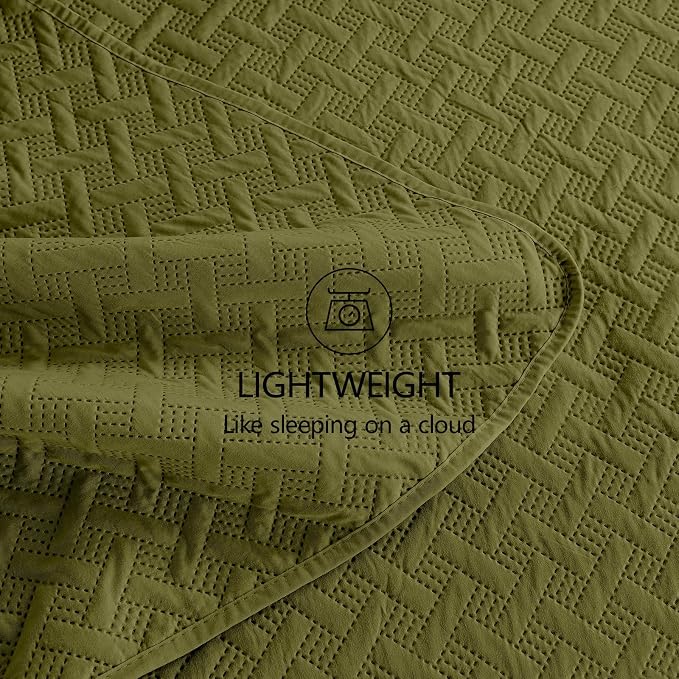 FLYMME Twin Quilt Set,Lightweight Olive Green Bedspreads,Basket Weave Pattern,Ultra Soft Microfiber Bedspread Bed Coverlet 2 Pieces for All-Seasons (1 Quilt,1 Shams)
