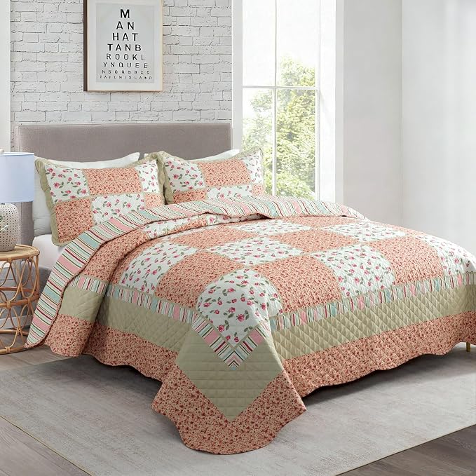Travan 3-Piece Quilt Set Quilted Bedspread Lightweight Coverlet Set Patchwork Floral Oversized Reversible Soft Quilted Bedding Coverlet Set for All Seasons, Queen Size